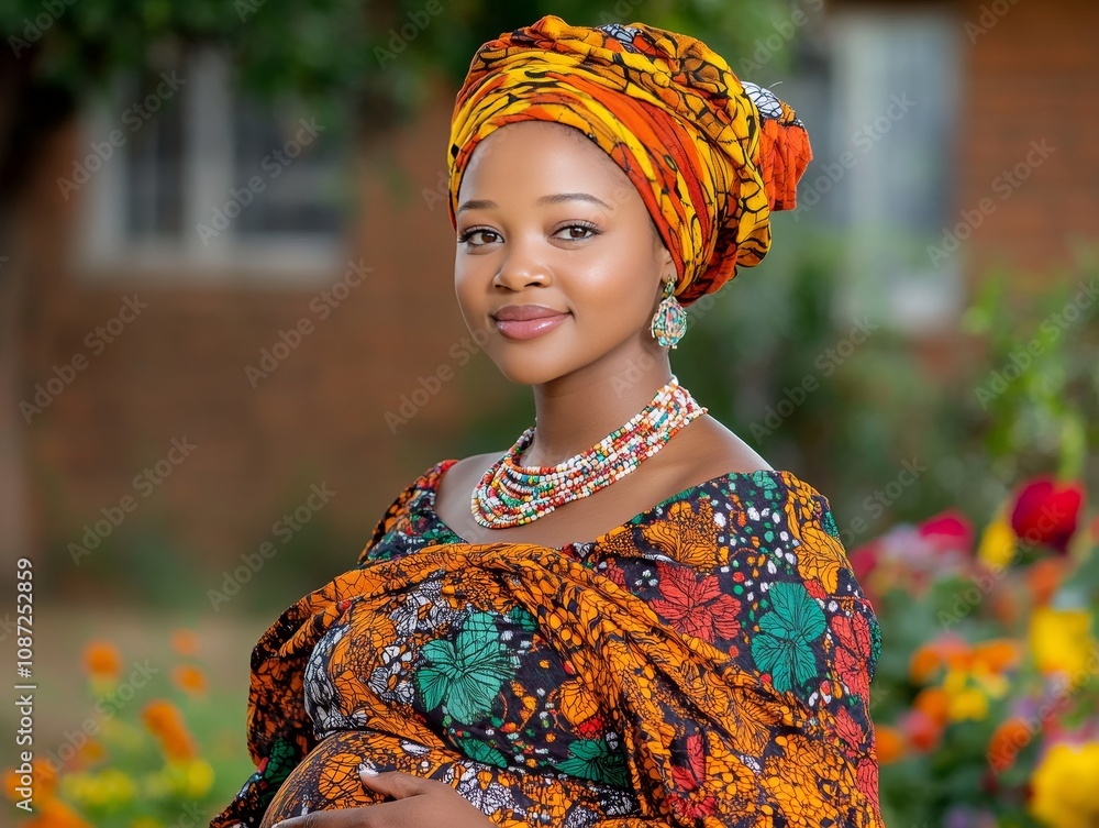 Fototapeta premium Heartwarming Scene of an African Pregnant Woman Embracing Motherhood in a Natural Setting with Joy and Anticipation