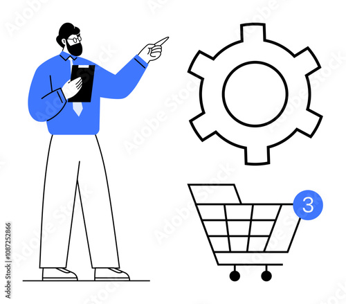 Wallpaper Mural Bearded man with clipboard pointing at a cogwheel and shopping cart symbol with notification. Ideal for business planning, project management, online shopping, e-commerce, customer service, process Torontodigital.ca