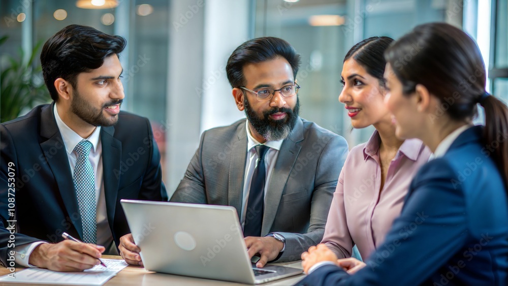 Indian business partners discussing a project during a meeting.
Indian business partners discussing a project during a meeting.
