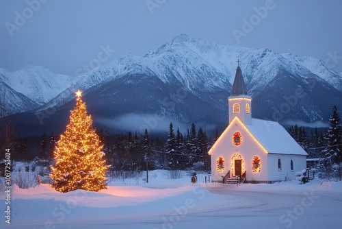 Wallpaper Mural  Small white wooden church with illuminated Christmas tree in front, snow-covered pine trees and mountains at dusk, festive winter scene. Torontodigital.ca
