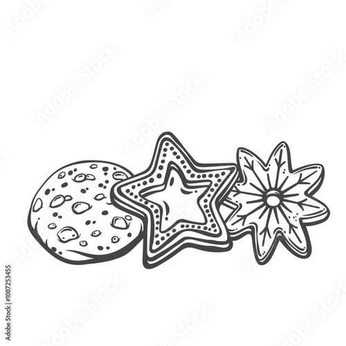Christmas cookies outline vector illustration. Hand drawn cute biscuits with circle, sketch star and snowflake shapes, cookies with icing and choco chips, sweet shortbread sandwich with jam and glaze