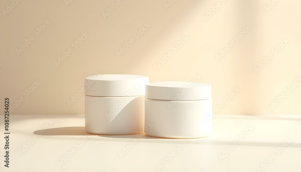 Minimalist cream jars in warm light with clean soft shadows Minimalist cream jars in warm light with clean soft shadows