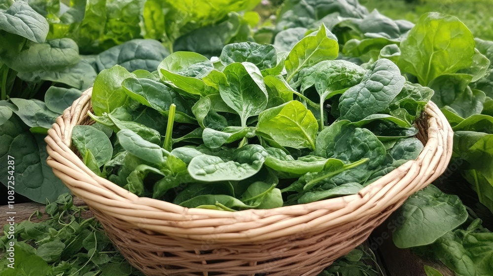 Fresh organic spinach leaves in a basket, perfect for nutritious leafy green salads and healthy meals. Fresh organic spinach leaves in a basket, perfect for nutritious leafy green salads and healthy meals.
