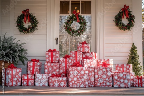 aStack of Christmas gifts wrapped in red and white paper with snowflake patterns on front porch, decorated door with wreaths, festive holiday atmosphere, bright natural light. photo