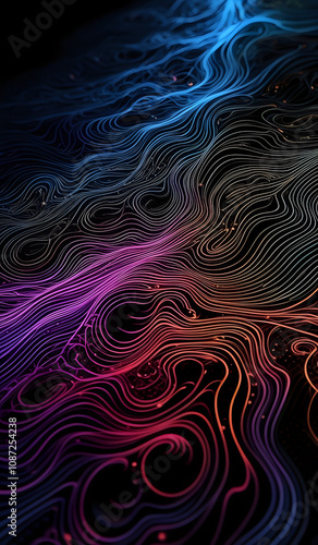 Colorful wavy neon lines background on black