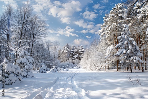 Snowcovered trees line a path through a winter wonderland under a bright, blue sky.