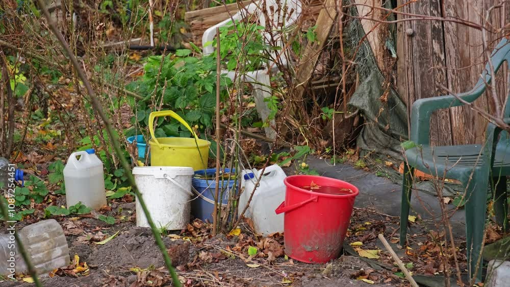 Rainwater Collected in Plastic Garden Buckets Rainwater Collected in Plastic Garden Buckets