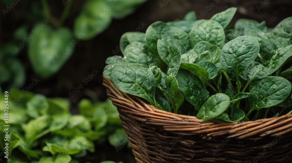 Fresh organic spinach leaves in a basket, perfect for nutritious leafy green salads and healthy meals. Fresh organic spinach leaves in a basket, perfect for nutritious leafy green salads and healthy meals.