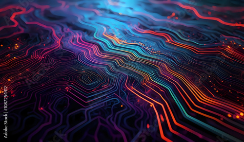 Colorful wavy neon lines background on black