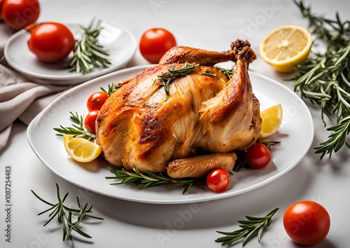 Delicious roasted turkey with rosemary, tomatoes, garlic, and lemon on white plate.