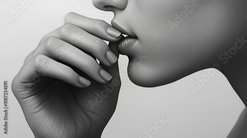 Monochrome close-up of a hand touching lips, conveying elegance and contemplation