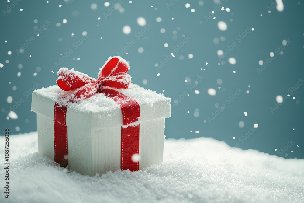 White gift box with red ribbon, snowflakes, and Christmas decorations against light blue background, festive atmosphere, high-resolution with bokeh effect and white space. White gift box with red ribbon, snowflakes, and Christmas decorations against light blue background, festive atmosphere, high-resolution with bokeh effect and white space.