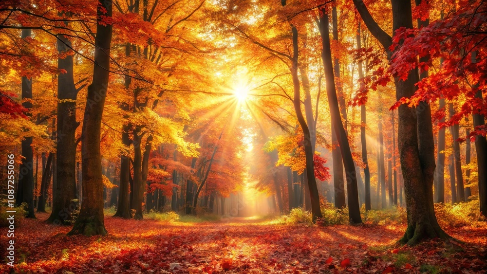 Fototapeta premium Autumnal Sunlight Illuminates a Pathway Through a Majestic Forest of Vibrant Fall Colors
