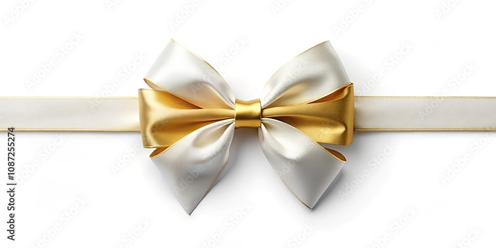 Fototapeta premium Elegant Cream and Gold Satin Ribbon Bow on White Background