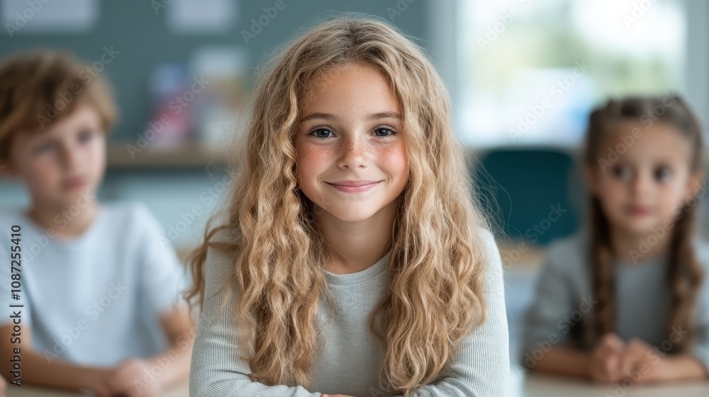 A cheerful young girl smiles in a classroom, surrounded by friends, conveying a sense of community and the joy of learning in an educational setting. A cheerful young girl smiles in a classroom, surrounded by friends, conveying a sense of community and the joy of learning in an educational setting.