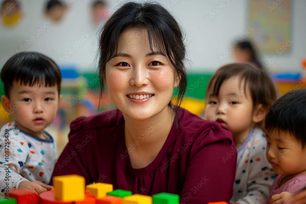 Smiling Asian female teacher in burgundy sweatshirt and small children having fun with colorful blocks in a vibrant kindergarten setting. Smiling Asian female teacher in burgundy sweatshirt and small children having fun with colorful blocks in a vibrant kindergarten setting.