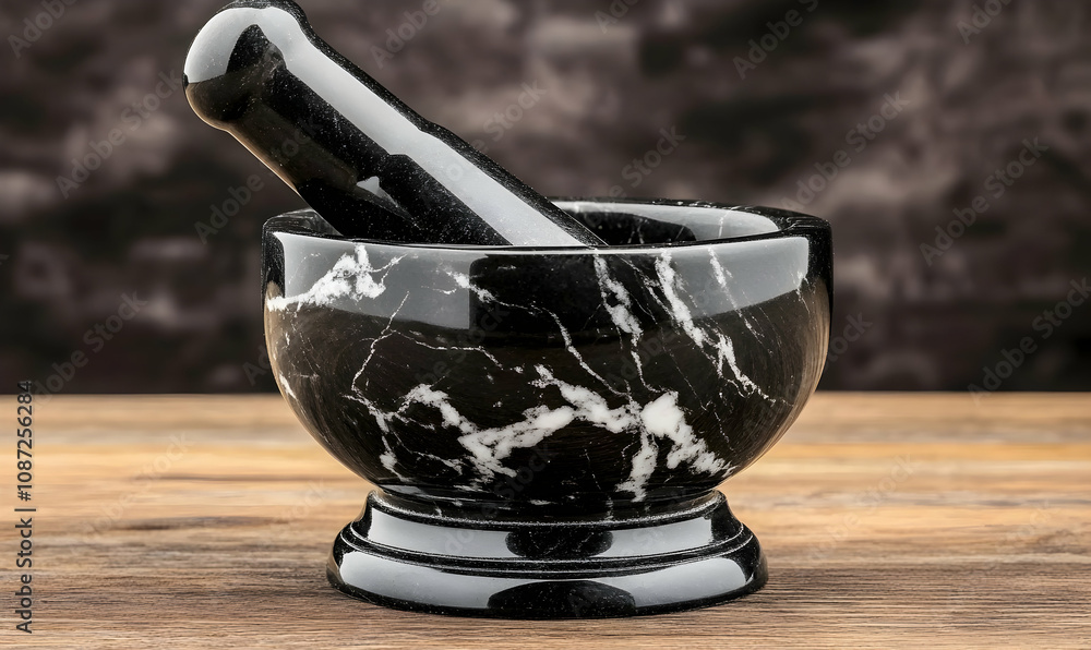 Elegant black marble mortar and pestle set on a rustic wooden surface. Perfect for culinary or medicinal imagery. Elegant black marble mortar and pestle set on a rustic wooden surface. Perfect for culinary or medicinal imagery.