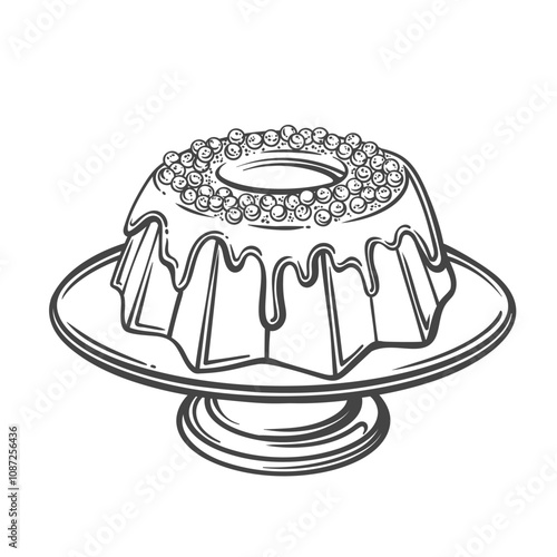 Christmas pudding on plate outline vector illustration. Hand drawn Xmas biscuit with berry fruit and sugar glaze, vanilla sweet bread with sauce from dessert menu for Christmas family dinner at home