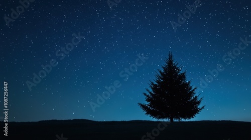 Silhouette of a glowing Christmas tree beneath a serene, starry night sky, exuding holiday warmth and charm.