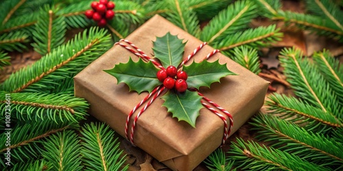 A Simple Gift Wrapped in Brown Paper and Adorned with Holly Leaves and Red Berries on a Bed of Evergreen Branches