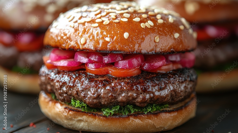 Delicious gourmet hamburger with fresh toppings on a wooden table at a restaurant Delicious gourmet hamburger with fresh toppings on a wooden table at a restaurant