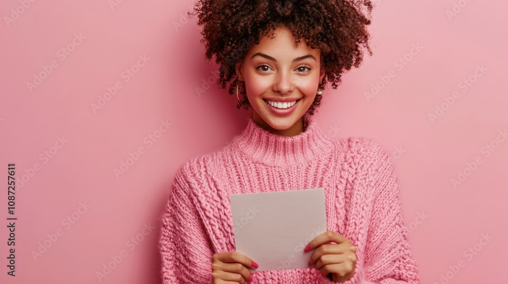 Smiling young woman in a cozy pink sweater reads a letter, her warm expression conveying happiness and good news. Smiling young woman in a cozy pink sweater reads a letter, her warm expression conveying happiness and good news.