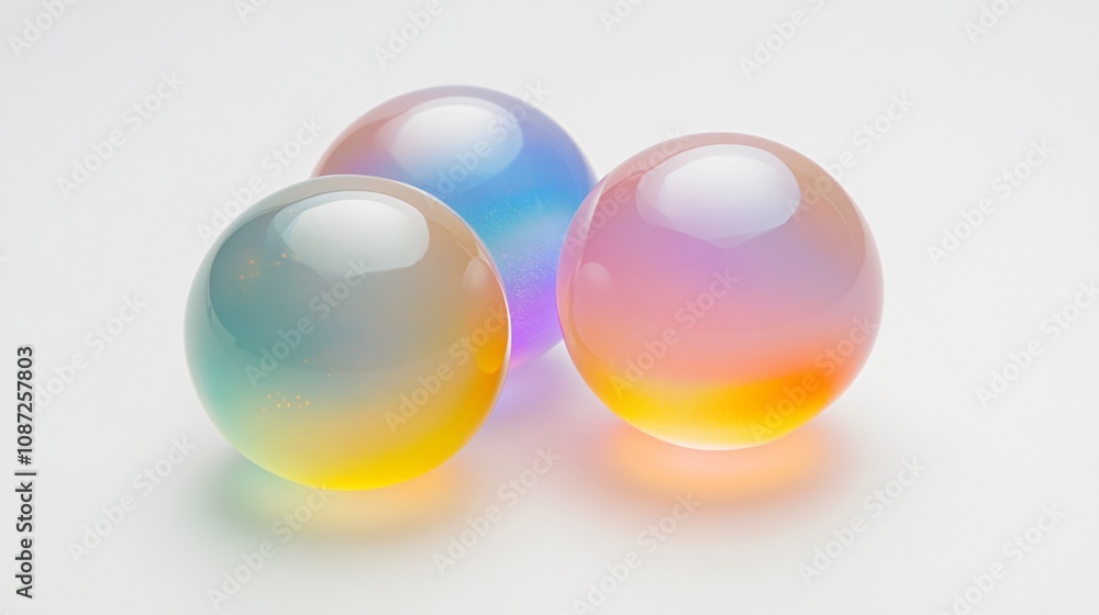 Iridescent Gradient Spheres: A Captivating Display of Light, Color, and Form in a Modern Minimalist Setting Iridescent Gradient Spheres: A Captivating Display of Light, Color, and Form in a Modern Minimalist Setting