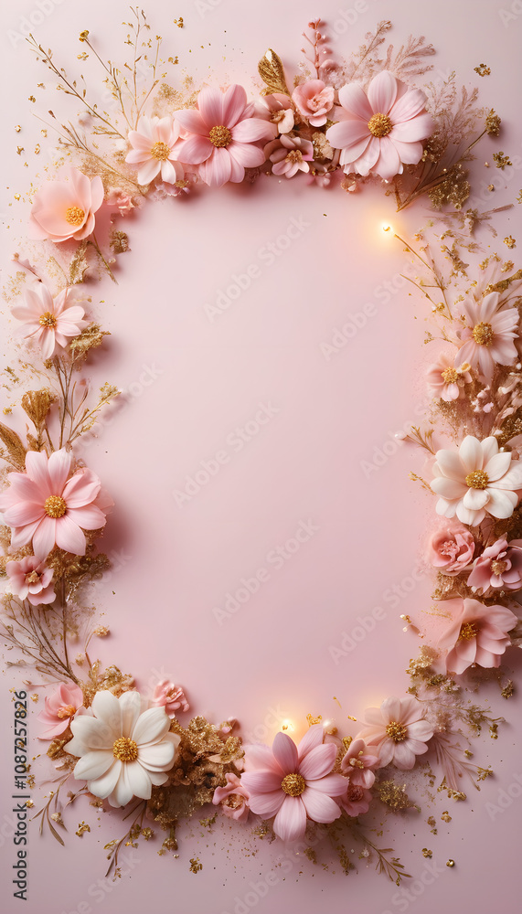 Engagement Party festive background with pink and gold tones and small flowers, with empty space in the middle for placing a product or writing greetings or writing invitation Engagement Party festive background with pink and gold tones and small flowers, with empty space in the middle for placing a product or writing greetings or writing invitation