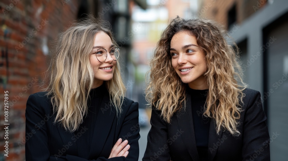 Two women in fashionable black outfits share a laugh in an outdoor setting, with one wearing glasses and both having different hairstyles, standing in front of a blurred alley. Two women in fashionable black outfits share a laugh in an outdoor setting, with one wearing glasses and both having different hairstyles, standing in front of a blurred alley.