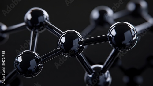 A molecular model with interconnected black spheres, featuring a reflective surface and set against a dark background to highlight its sleek, modern look.