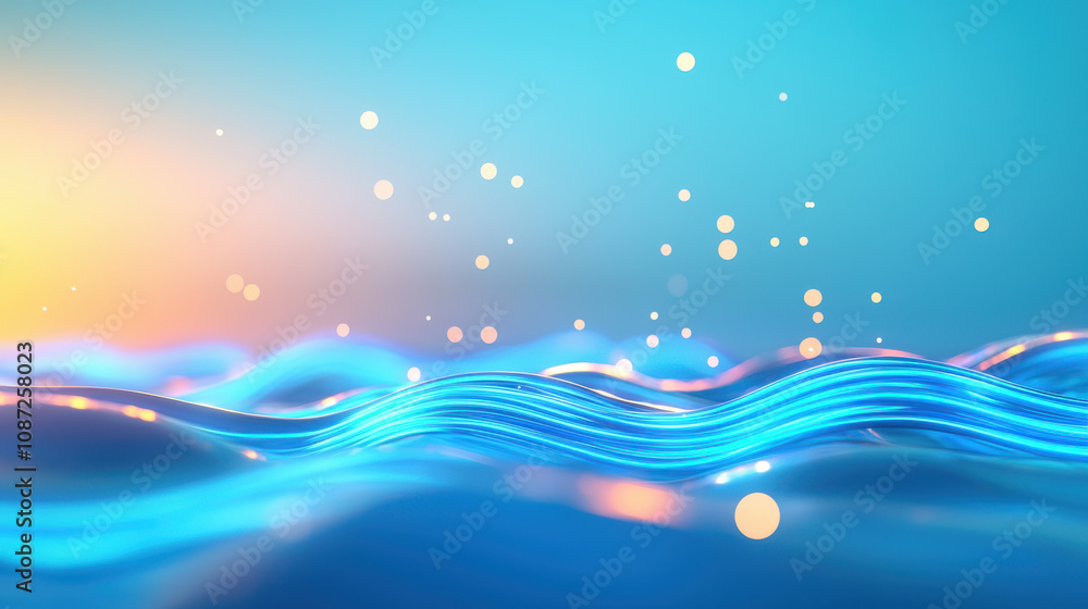 3D rendered image of fiber optic cables lying on serene ocean surface, glowing with vibrant blue and orange lights, creating futuristic and tranquil atmosphere 3D rendered image of fiber optic cables lying on serene ocean surface, glowing with vibrant blue and orange lights, creating futuristic and tranquil atmosphere