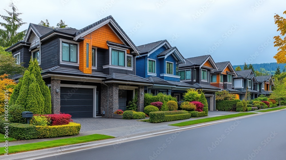 Suburban street with modern homes and landscaped gardens. Suburban street with modern homes and landscaped gardens.