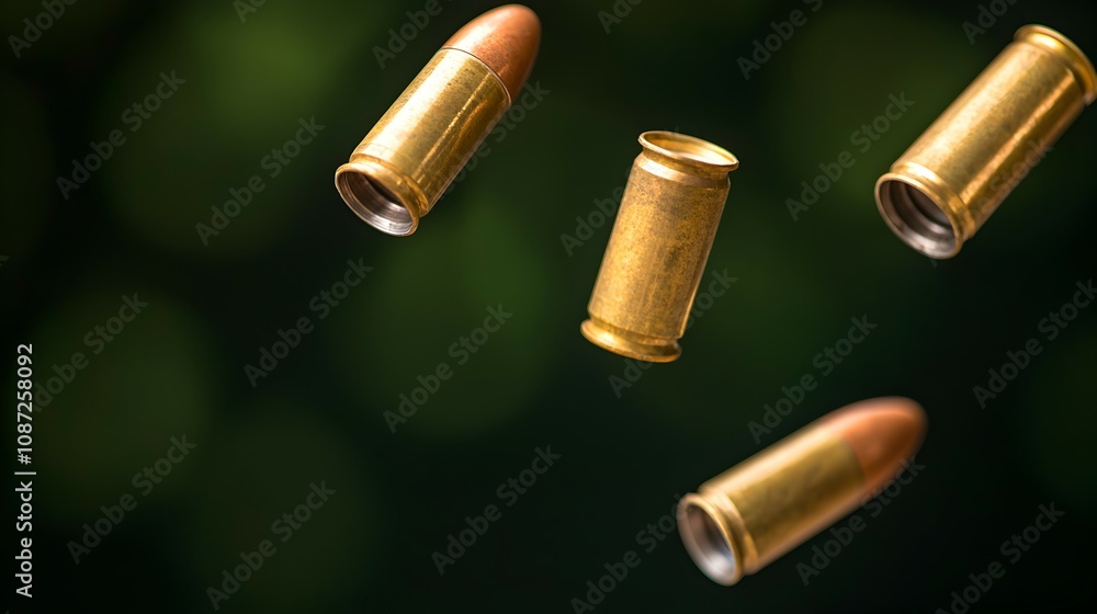Fototapeta premium Dynamic Shotgun Shells in Freefall - Captivating Motion Blur and Metallic Reflections Against Dark Background