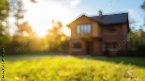 Blurred view of sunny lawn with beautiful house, real estate banner