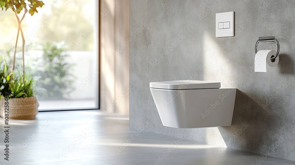 Fototapeta premium Modern toilet interior with toilet and toilet paper holder