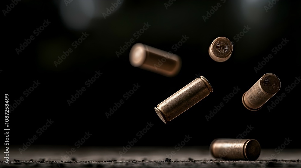 Dynamic Falling Shotgun Shells Mid-Air with Motion Blur - Captivating Close-Up of Detailed Bullets Against Atmospheric Dark Background Dynamic Falling Shotgun Shells Mid-Air with Motion Blur - Captivating Close-Up of Detailed Bullets Against Atmospheric Dark Background