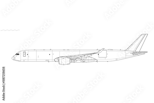 Airbus A350F Freighter. Vector drawing of cargo jet aircraft. Side view. Image for illustration and infographics.