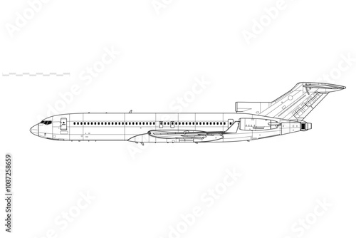 Boeing 727-200 Super 27. Vector drawing of mid-range jet airliner. Side view. Image for illustration and infographics.