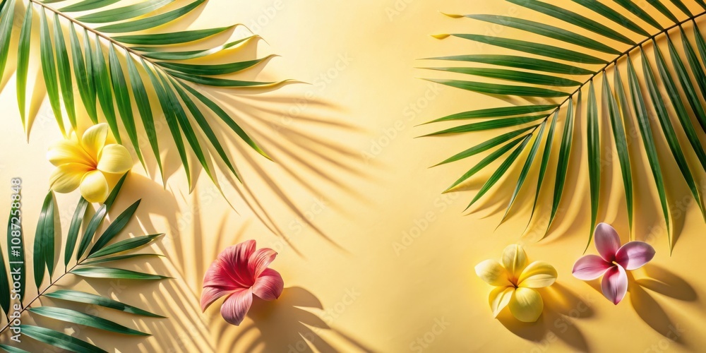 Tropical Leaf and Flower Arrangement on a Yellow Background with Sunlit Shadows Tropical Leaf and Flower Arrangement on a Yellow Background with Sunlit Shadows