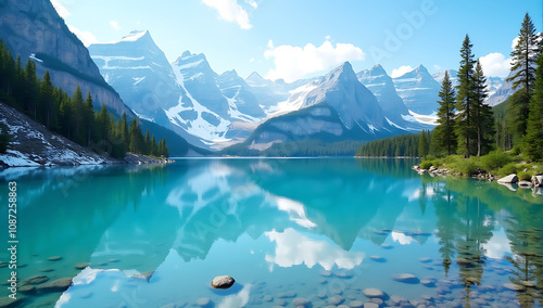 A crystal-clear lake reflecting snow-capped mountains and surrounding pine trees under a vibrant blue sky.