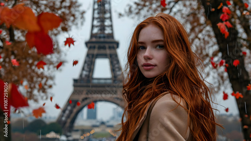 Young woman with long red hair standing in front of the Eiffel Tower, surrounded by autumn leaves