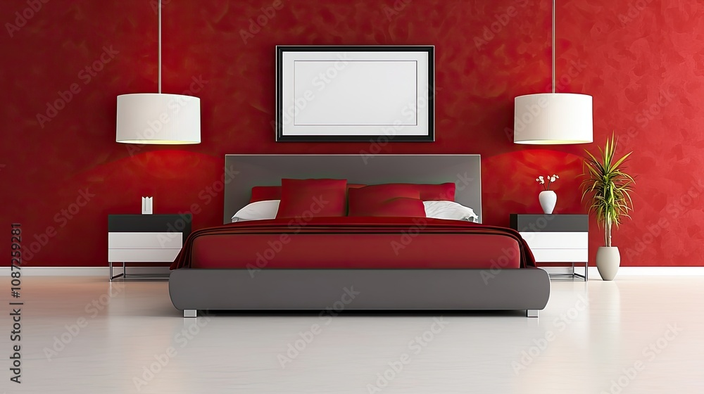 Bedroom with a bold red accent wall, showcasing a framed mockup design above a stylish bed Bedroom with a bold red accent wall, showcasing a framed mockup design above a stylish bed