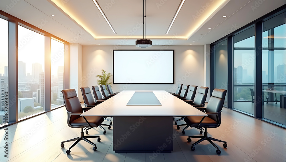 Fototapeta premium spacious, well-lit corporate meeting room with a large conference table, chairs, and a projector screen, with natural light streaming through the windows.