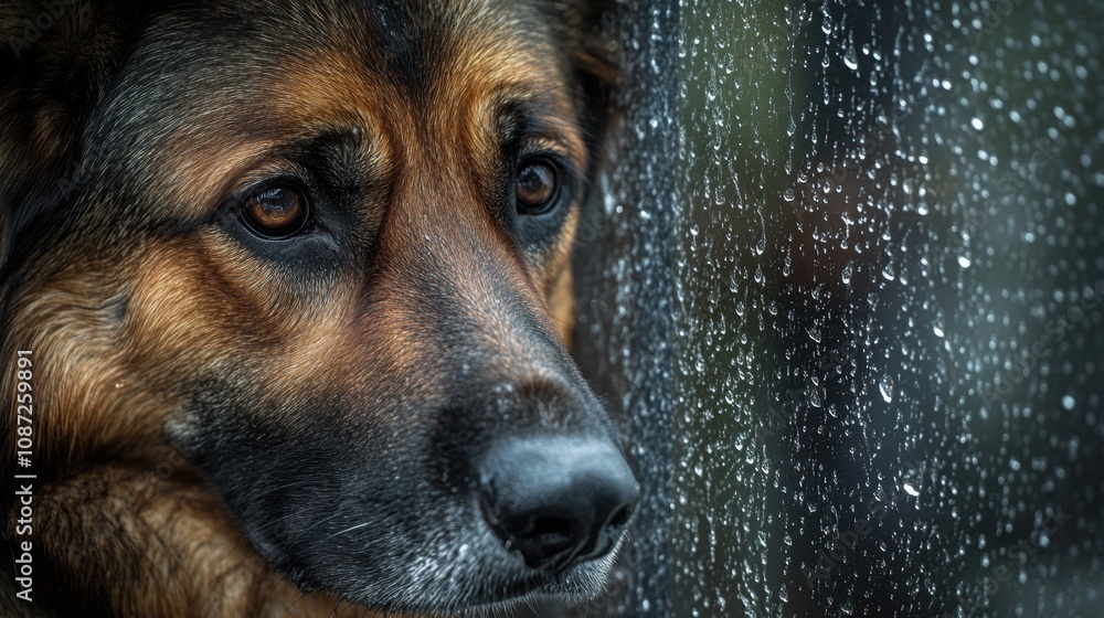 Thoughtful canine peers through a rain-speckled window at the wet, vibrant outdoors, its face reflecting calm anticipation. Thoughtful canine peers through a rain-speckled window at the wet, vibrant outdoors, its face reflecting calm anticipation.