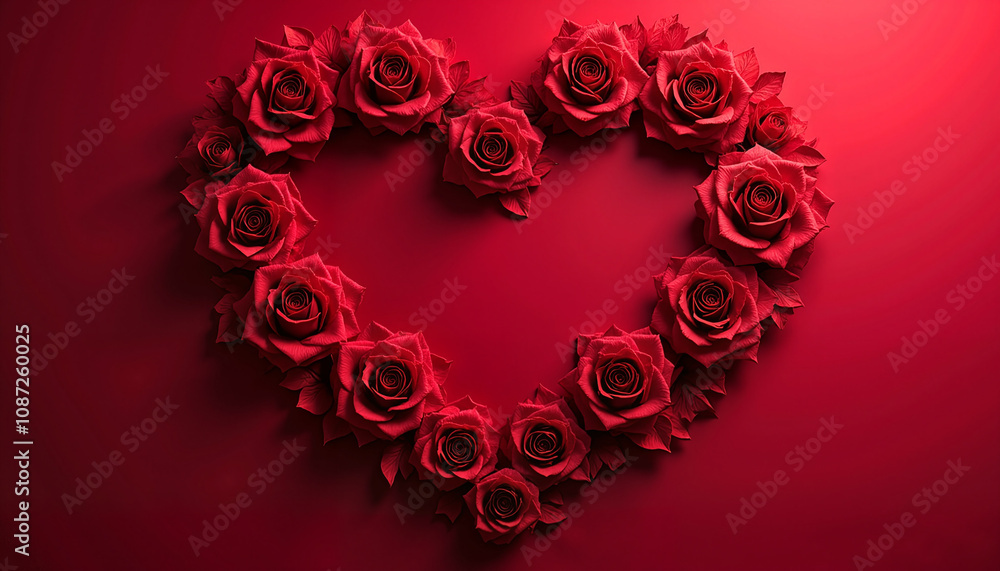 Beautiful heart shape made of red roses on a dark red background, Valentine’s Day celebration Beautiful heart shape made of red roses on a dark red background, Valentine’s Day celebration