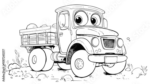 Jolly Cute Truck Cartoon Character Coloring Page for Kids Adorable Illustration Fun Vehicle Scene Playful Transportation Drawing for Children Cheerful Vehicle Art Page photo