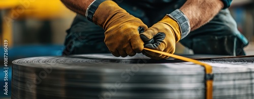 Close-up of a worker’s gloved hands tightening a strap around a large metal coil in an industrial setting.