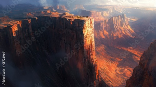 The jagged edge of a high cliff overlooking a vast canyon, with deep shadows and light contrasts.