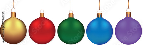 Christmas baubles in gold, red, green, blue and purple colours on transparent background