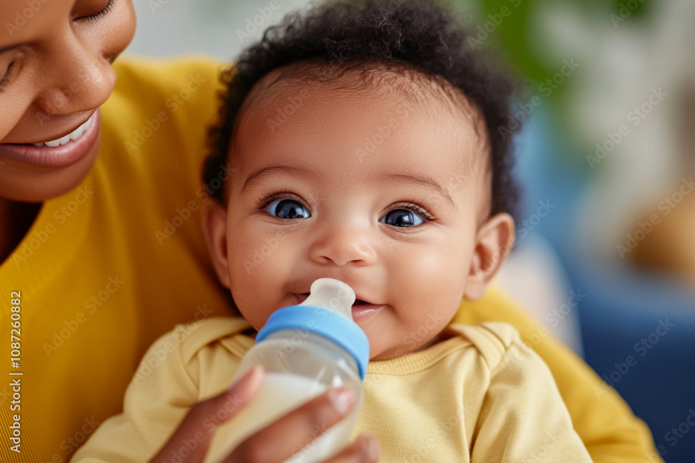 Loving black mother feeding her baby boy with a bottle, creating a warm and joyful atmosphere at home. Loving black mother feeding her baby boy with a bottle, creating a warm and joyful atmosphere at home.